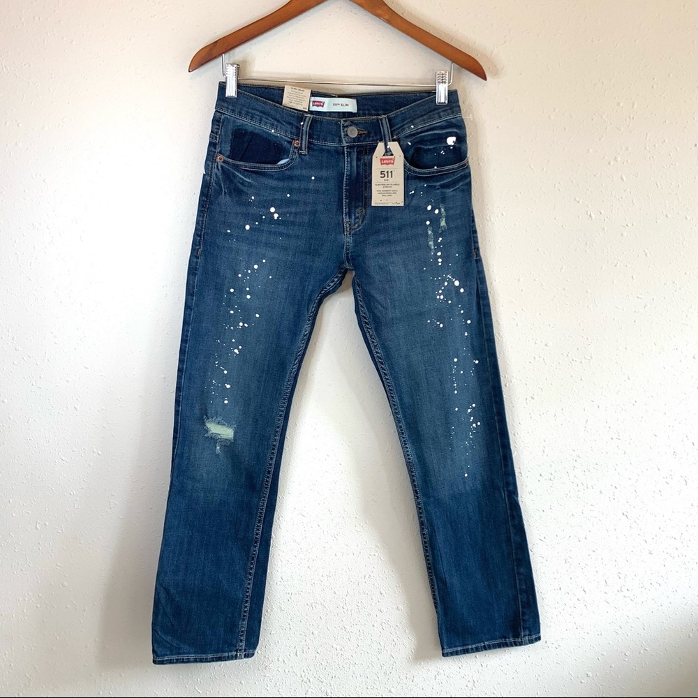 Levi’s 511 Unisex Paint Distressed Women’s Dark Blue Jeans Size 28 NWT